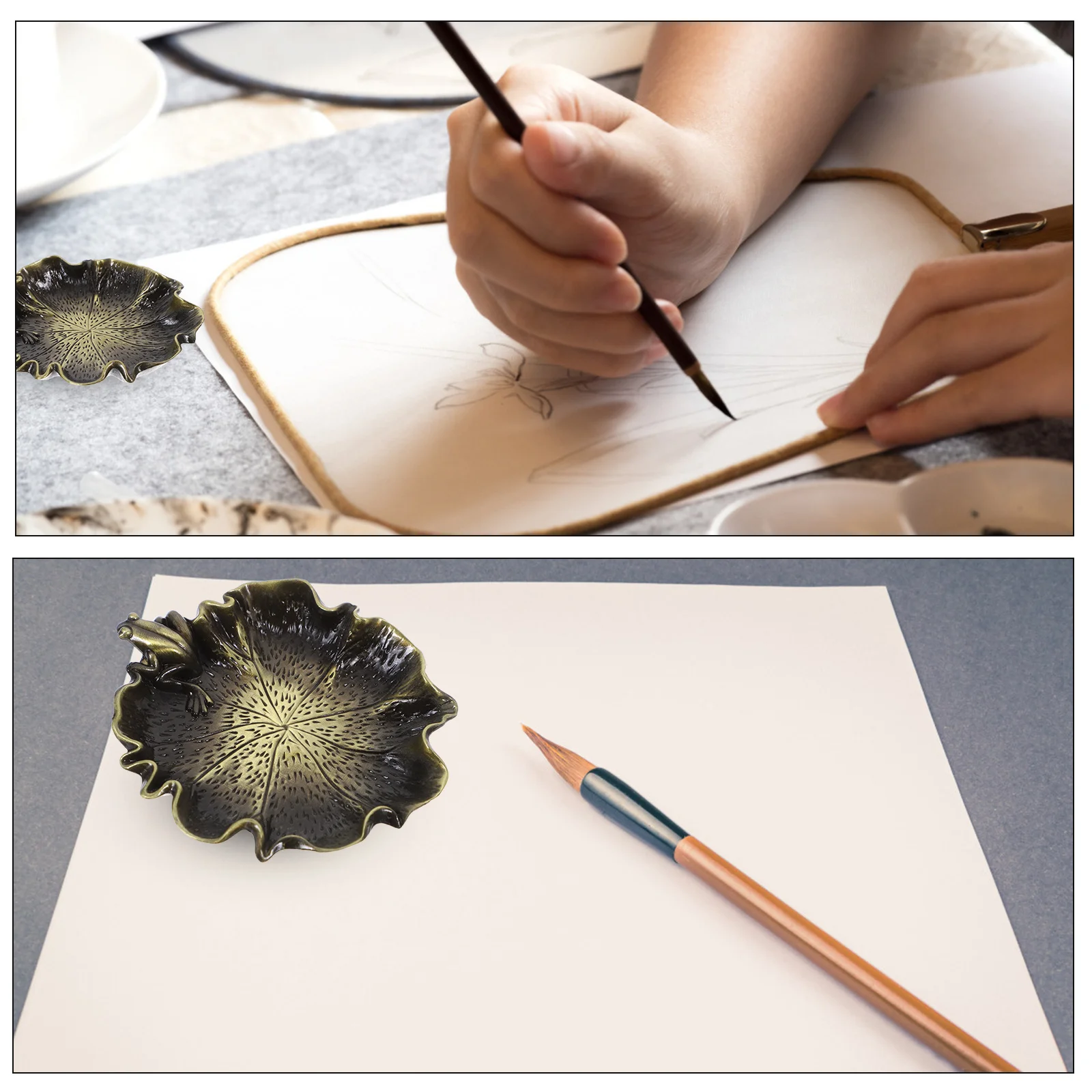 Copper Ink Dish Plate Lotus-Leaf Frog Stylish Multifunctional Ink Well Desktop Inkstone Ornament for Calligraphy Painting
Copper Ink Dish Plate Lotus-Leaf Frog Stylish Multifunctional Ink Well Desktop Inkstone Ornament for Calligraphy Painting