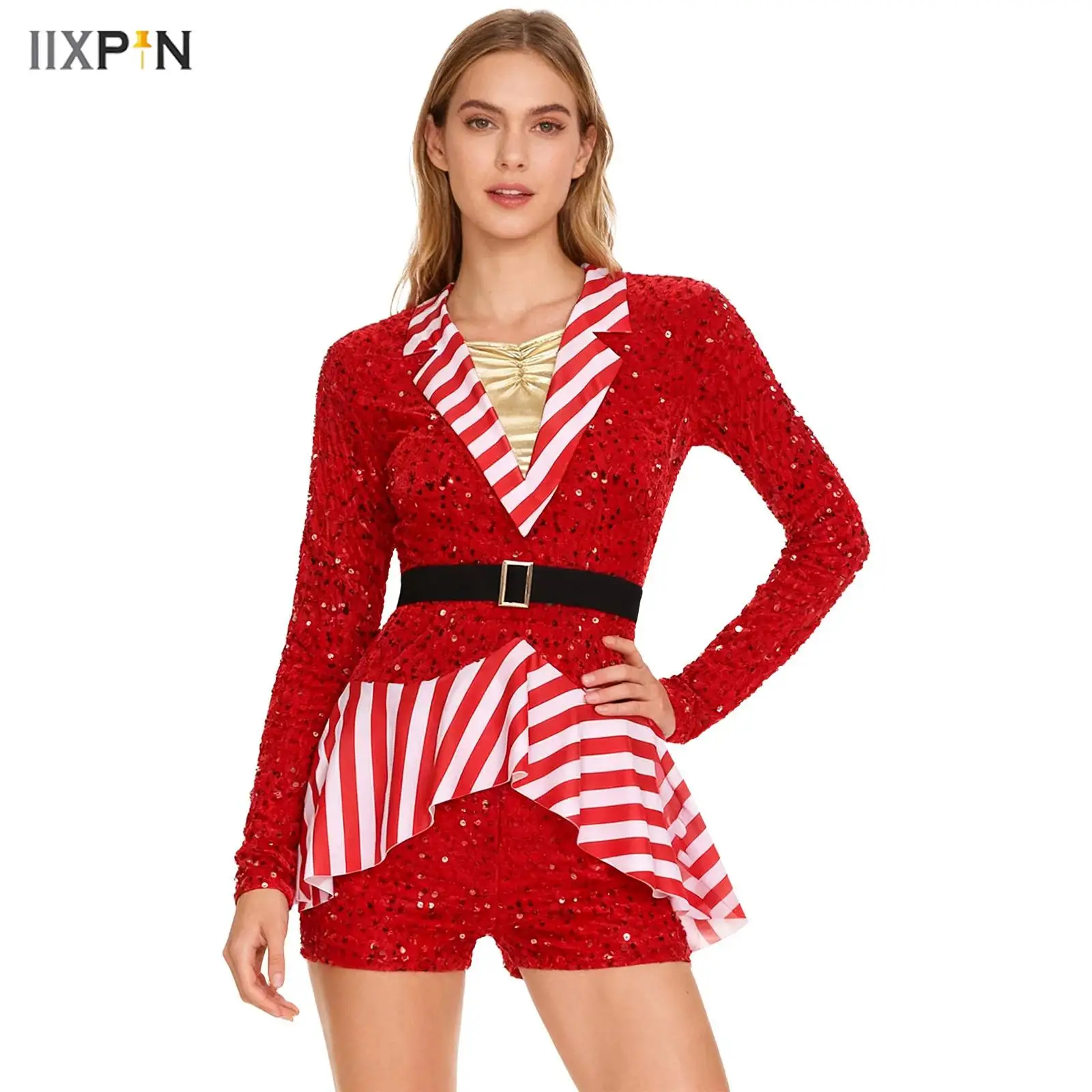 Womens Christmas Candy Cane Dress-up Jumpsuit Stripe Sequined Velvet Patchwork Boyshorts Bodysuit for Circus Cosplay Xmas Party
Womens Christmas Candy Cane Dress-up Jumpsuit Stripe Sequined Velvet Patchwork Boyshorts Bodysuit for Circus Cosplay Xmas Party
