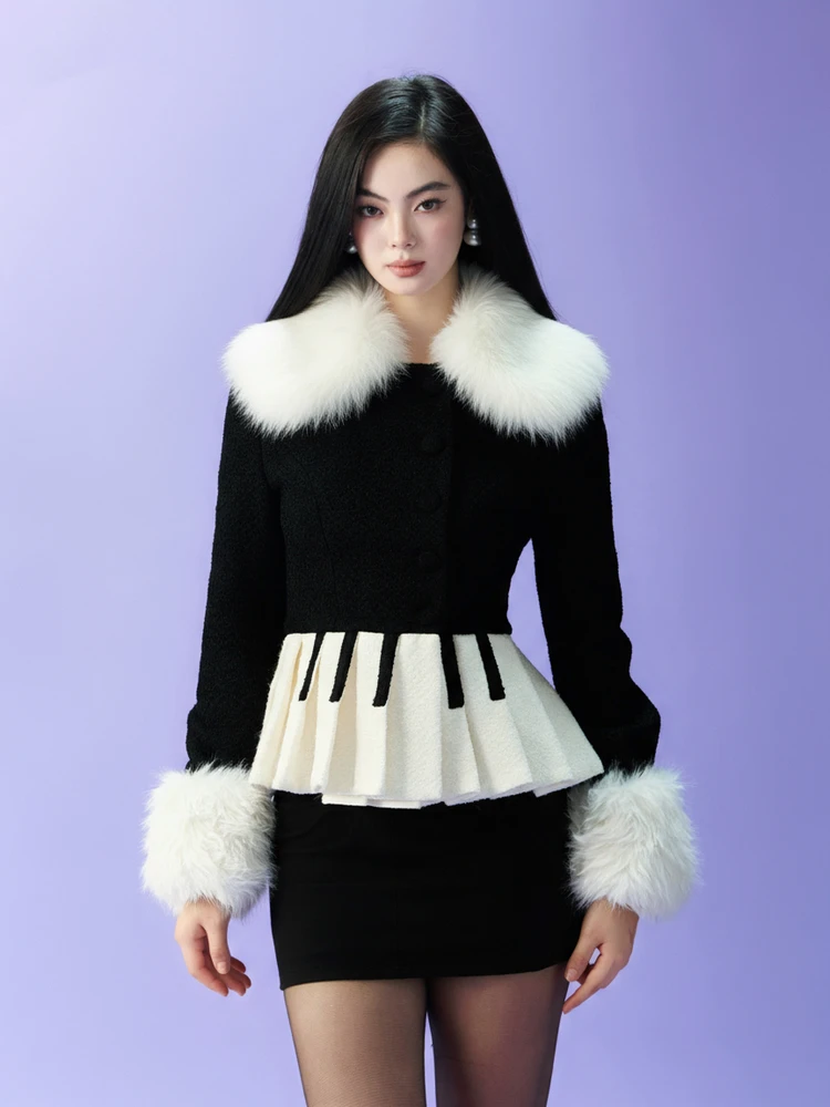 Ele Bla White Tweed Piano Key Fur Collar Jaet Original Design Ladylike Feel Outerwear for Women Thiened Long Sve
Ele Bla White Tweed Piano Key Fur Collar Jaet Original Design Ladylike Feel Outerwear for Women Thiened Long Sve