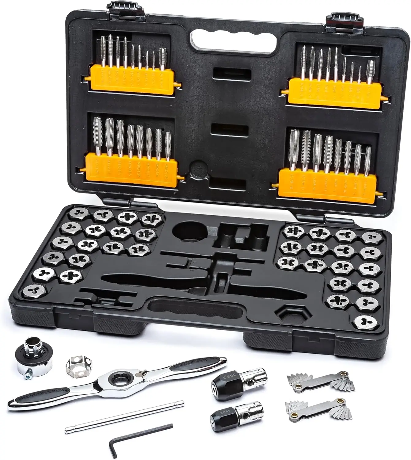 77 Piece SAE/Metric Ratcheting Tap and Die Set with Twist Lock Guide System
77 Piece SAE/Metric Ratcheting Tap and Die Set with Twist Lock Guide System