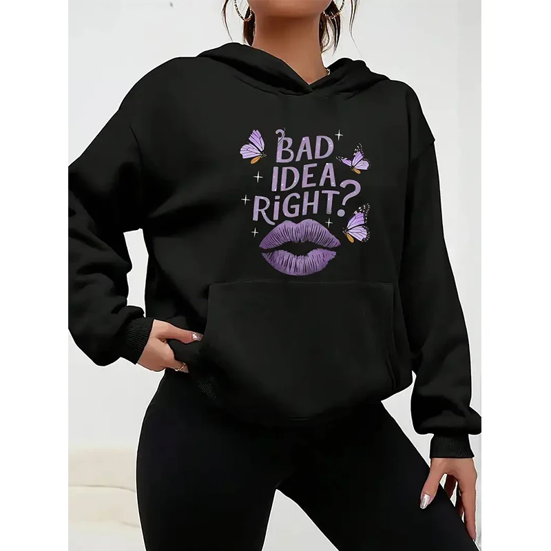 Women's Black Hoodies Slogan "Bad Idea" Graphic Print Pullovers Hooded Cartoon Lips Butterflies Long Sleeve Streetwear Clothing
Women's Black Hoodies Slogan "Bad Idea" Graphic Print Pullovers Hooded Cartoon Lips Butterflies Long Sleeve Streetwear Clothing