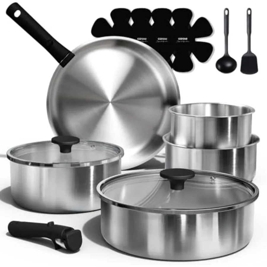 15pcs Stainless Steel Induction Cookware Set with Detachable Handles Oven Safe RV Kitchen Pots and Pans in Silver Removable Han
15pcs Stainless Steel Induction Cookware Set with Detachable Handles Oven Safe RV Kitchen Pots and Pans in Silver Removable Han
