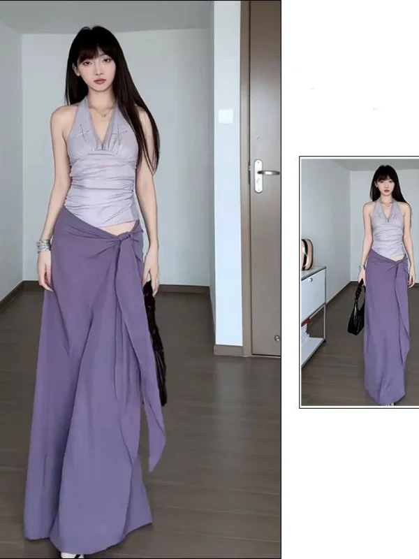 Purple Spicy Girl Two-Piece Set Summer Strap Neck Top And Long Skirt Sexy Tie-Dress Fashionable And Stylish Women's Ensemble
Purple Spicy Girl Two-Piece Set Summer Strap Neck Top And Long Skirt Sexy Tie-Dress Fashionable And Stylish Women's Ensemble