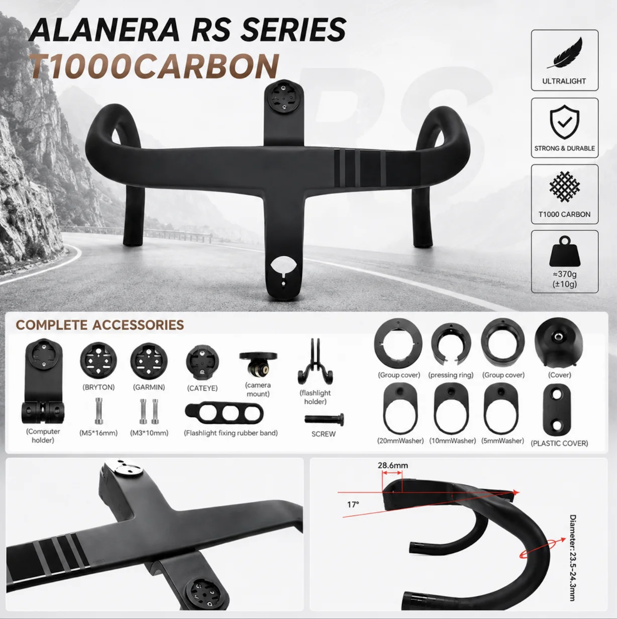 ALANERA RS T1000 Carbon Integrated Road Handlebar with Computer Mount, Internal Cable Routing, 28.6mm Steerer & Spacers
ALANERA RS T1000 Carbon Integrated Road Handlebar with Computer Mount, Internal Cable Routing, 28.6mm Steerer & Spacers