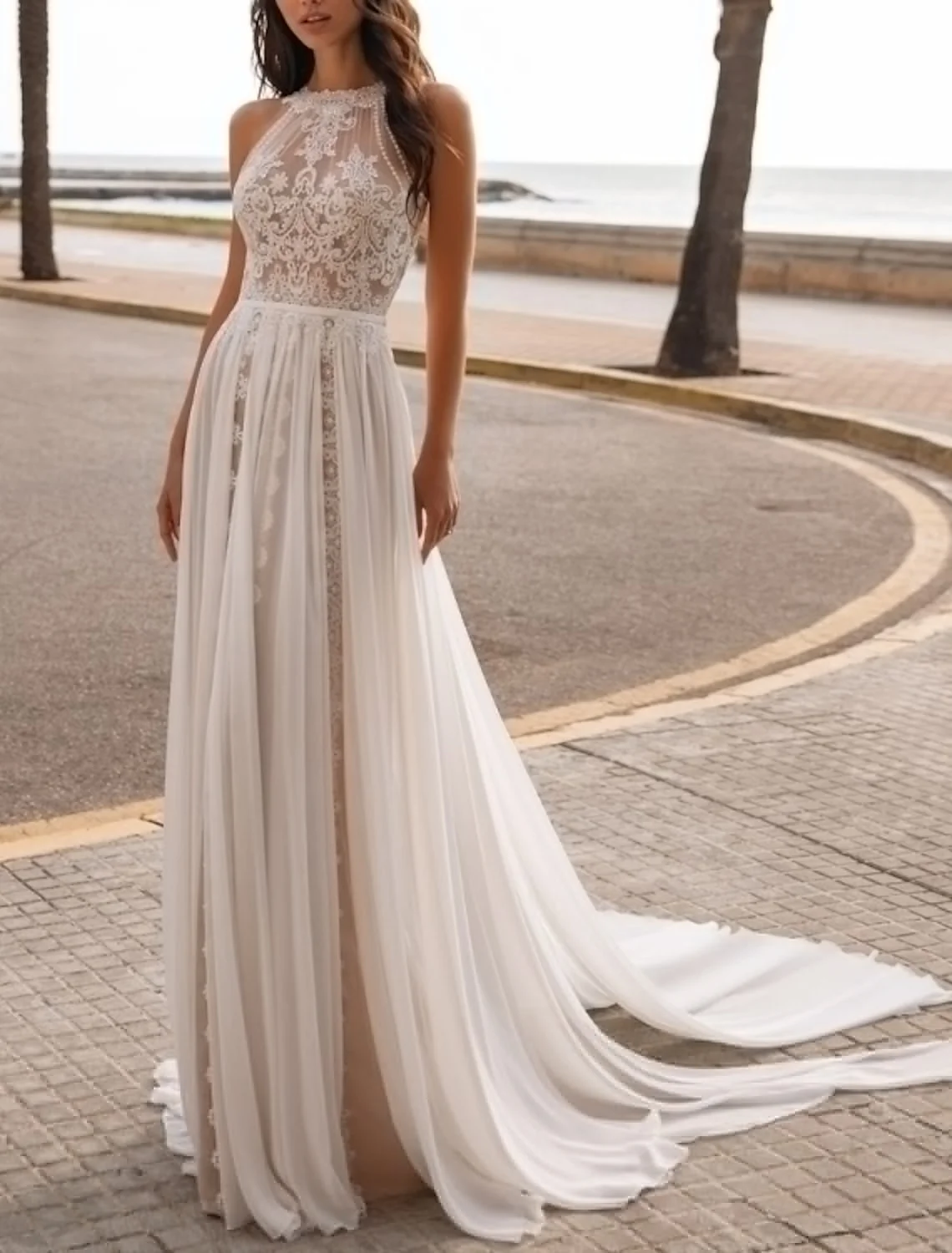 Sexy Elegant A-Line Reception Wedding Gown Halter Neck Lace Tulle Embroidered Sweep Train Beach Bridal Gown 2025 Free Customized
Sexy Elegant A-Line Reception Wedding Gown Halter Neck Lace Tulle Embroidered Sweep Train Beach Bridal Gown 2025 Free Customized