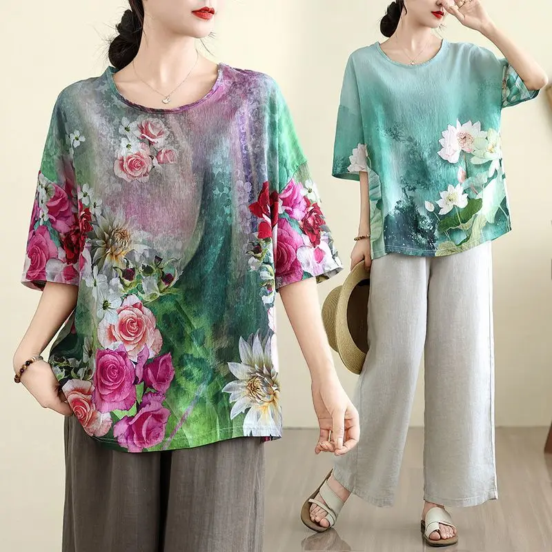 Summer Thin Loose Fashion Digital Positioning Printing Crew Neck T-shirt Top Plus Cotton and Linen Large Size Women's Clothing
Summer Thin Loose Fashion Digital Positioning Printing Crew Neck T-shirt Top Plus Cotton and Linen Large Size Women's Clothing