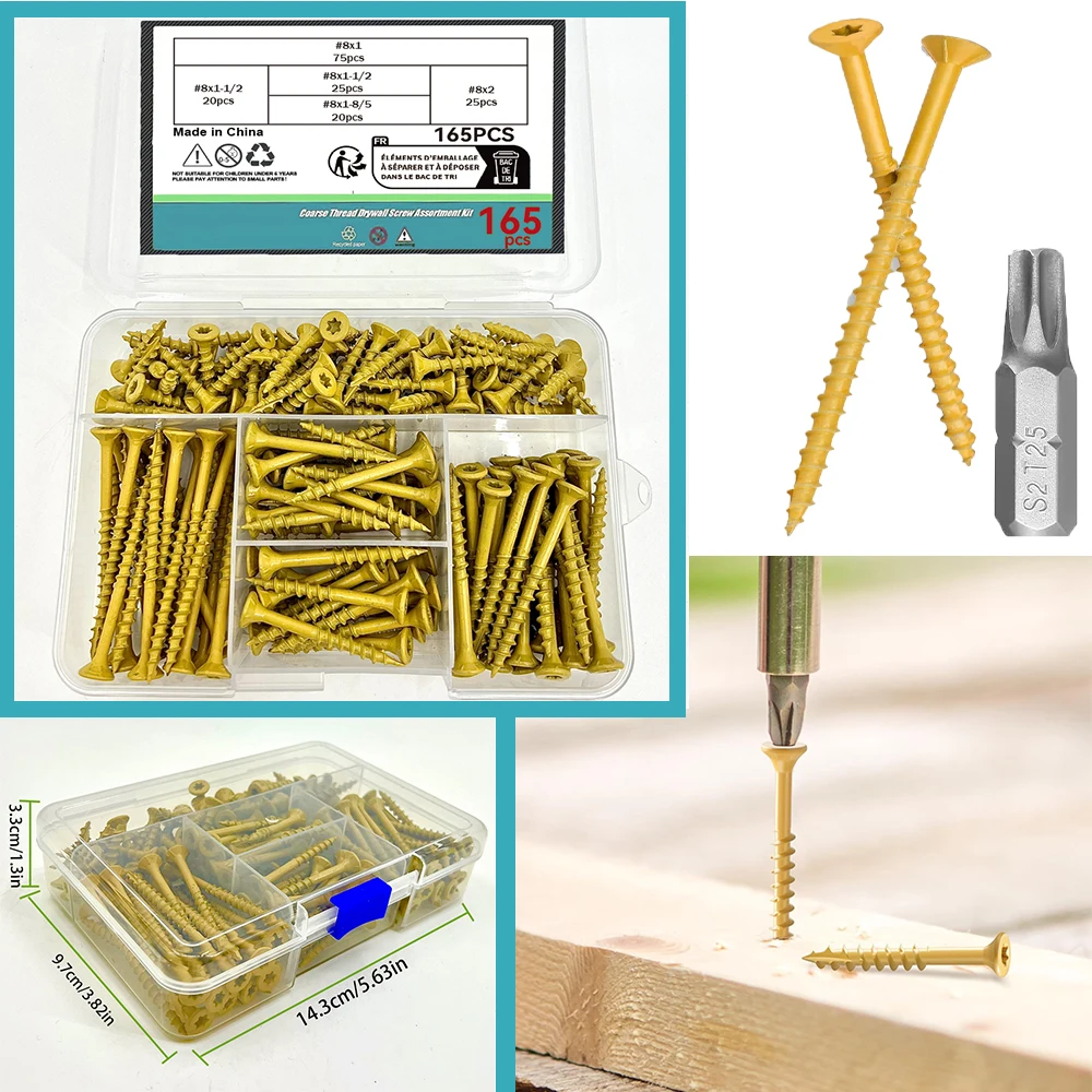 165 pieces of wood screws #8x1 #8x1-1/2 #8x1-5/8 #8x2 #8x2-1/2, anti-rust epoxy resin coating, star-shaped drive head outdoor wo
165 pieces of wood screws #8x1 #8x1-1/2 #8x1-5/8 #8x2 #8x2-1/2, anti-rust epoxy resin coating, star-shaped drive head outdoor wo