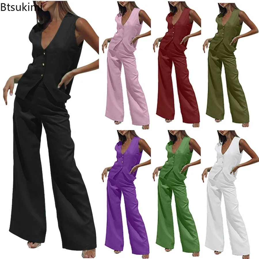 Women's Casual Cotton Pants Sets 2PCS Womens Summer Outfits Solid Color V-Neck Sleeveless Vest Tops + Wide Leg Pants Suits 2025
Women's Casual Cotton Pants Sets 2PCS Womens Summer Outfits Solid Color V-Neck Sleeveless Vest Tops + Wide Leg Pants Suits 2025