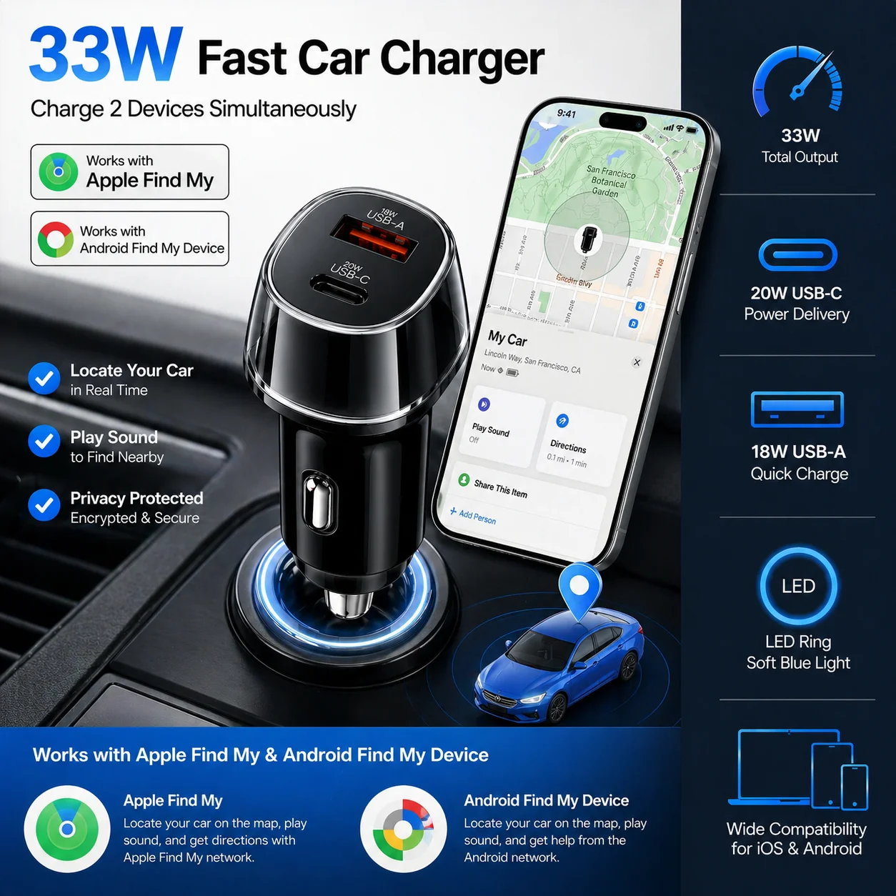 33W Car GPS Locator Tracker with USB Type-C QC3.0 Fast Charging – Works with Apple Find My App, Google & Android
33W Car GPS Locator Tracker with USB Type-C QC3.0 Fast Charging – Works with Apple Find My App, Google & Android