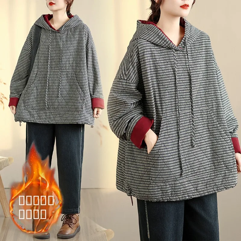 plus Size Women's Hooded Plaid Sweatirt Jaet Thermal Cotton Outerwear Long Sve Winter Faion Casual Coat Dr
plus Size Women's Hooded Plaid Sweatirt Jaet Thermal Cotton Outerwear Long Sve Winter Faion Casual Coat Dr