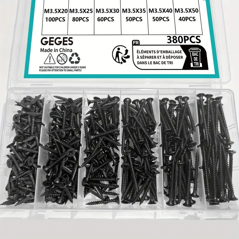 380 M3.5 Black Flat Head Wood Screws, Sizes 20Mm \ 25Mm \ 30Mm \ 35Mm \ 40Mm \ 50Mm, Suitable for Drywall, Gypsum, Wood, Metal,
380 M3.5 Black Flat Head Wood Screws, Sizes 20Mm \ 25Mm \ 30Mm \ 35Mm \ 40Mm \ 50Mm, Suitable for Drywall, Gypsum, Wood, Metal,
