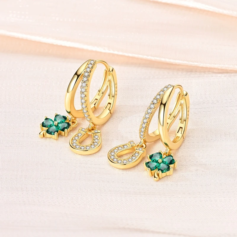 925 Sterling Silver Earrings Gold Double Ring Four Leaf Clover Horseshoe Drop Earring For Anniversary Wedding Jewelry Gifts
925 Sterling Silver Earrings Gold Double Ring Four Leaf Clover Horseshoe Drop Earring For Anniversary Wedding Jewelry Gifts