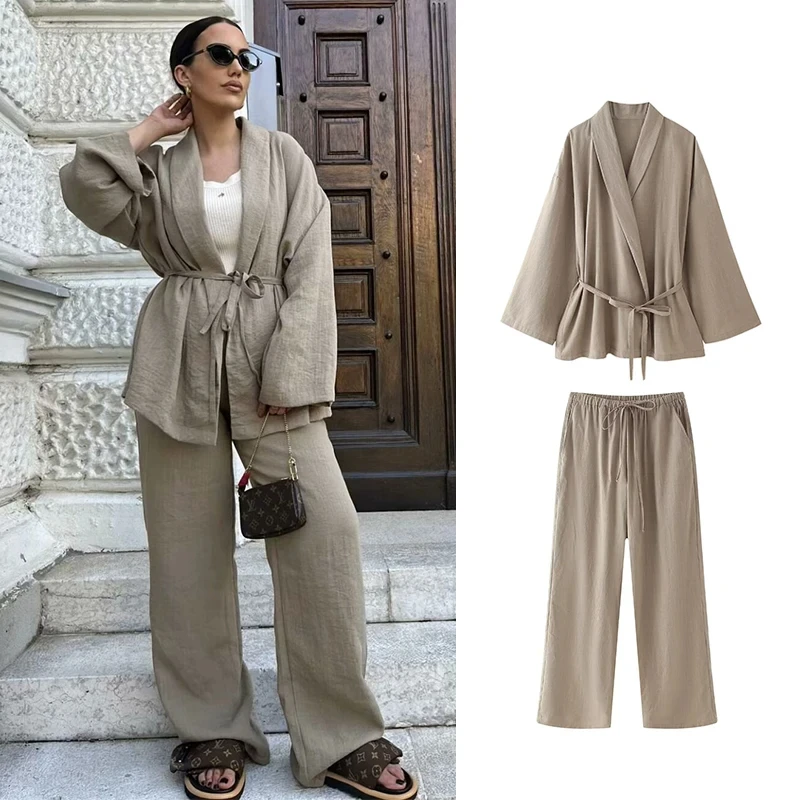 Women Fashion with Belt Textured Kimono Blouses Elastic Waist with Drawstring Pants Pijamas Women Two Piece Lounge Set Outfits
Women Fashion with Belt Textured Kimono Blouses Elastic Waist with Drawstring Pants Pijamas Women Two Piece Lounge Set Outfits