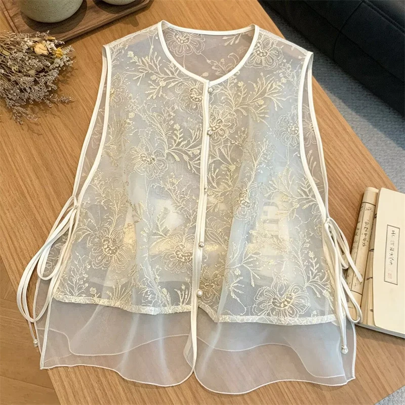 Fashion Chinese Style Embroidered Vest Women's Spring and Summer Yarn Thin Round Neck tie Sleeveless Loose Vest Jacket Coat New
Fashion Chinese Style Embroidered Vest Women's Spring and Summer Yarn Thin Round Neck tie Sleeveless Loose Vest Jacket Coat New