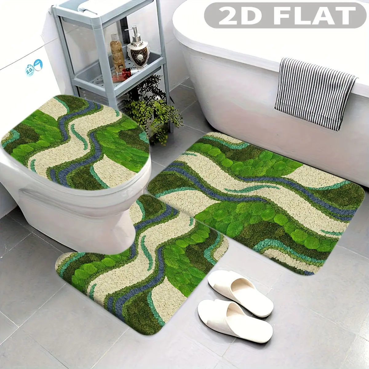 3pcs Bathroom Rug Set Green Wavy Abstract Pattern Design Non-Slip Includes Bath Rug Contour Mat and Toilet Lid Cover Mat
3pcs Bathroom Rug Set Green Wavy Abstract Pattern Design Non-Slip Includes Bath Rug Contour Mat and Toilet Lid Cover Mat