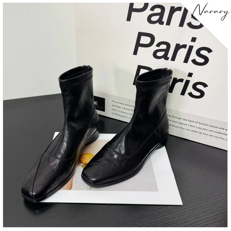 Square-toed, chunky-heeled, slimming, stretchy, slim-fit boots with back zipper for commuting
Square-toed, chunky-heeled, slimming, stretchy, slim-fit boots with back zipper for commuting