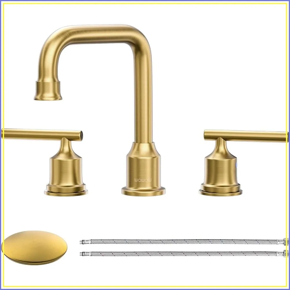 Brushed Gold Widespread Bathroom Faucet 2 Handle 3 Hole Lavatory Tap with Drain and Supply Hoses Modern Basin Sink Faucet
Brushed Gold Widespread Bathroom Faucet 2 Handle 3 Hole Lavatory Tap with Drain and Supply Hoses Modern Basin Sink Faucet