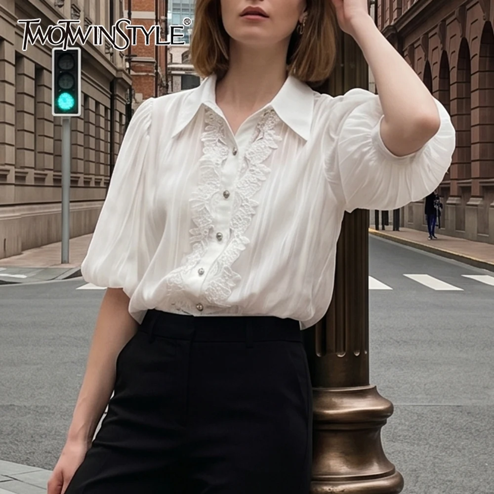 TWOTWINSTYLE Solid Loose Spliced Shirring Elegant Shirt for Women Lapel Half Sleeves Patchwork Lace Casual Shirts Female Fashion
TWOTWINSTYLE Solid Loose Spliced Shirring Elegant Shirt for Women Lapel Half Sleeves Patchwork Lace Casual Shirts Female Fashion