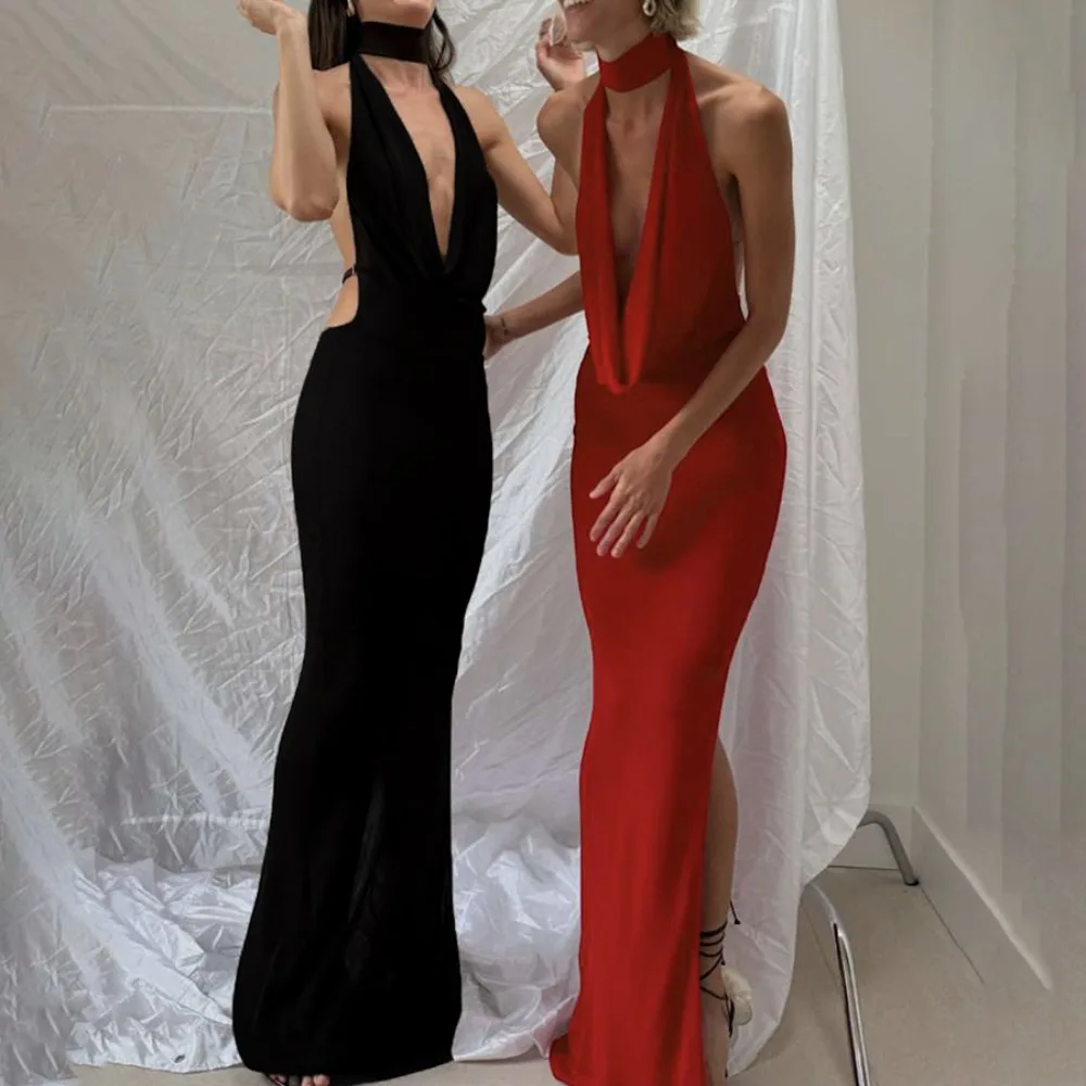 European And American Women's Clothing 2025 New Temperament Sexy Neck V-neck Halter Side Split Dress Long Dresses For Women
European And American Women's Clothing 2025 New Temperament Sexy Neck V-neck Halter Side Split Dress Long Dresses For Women