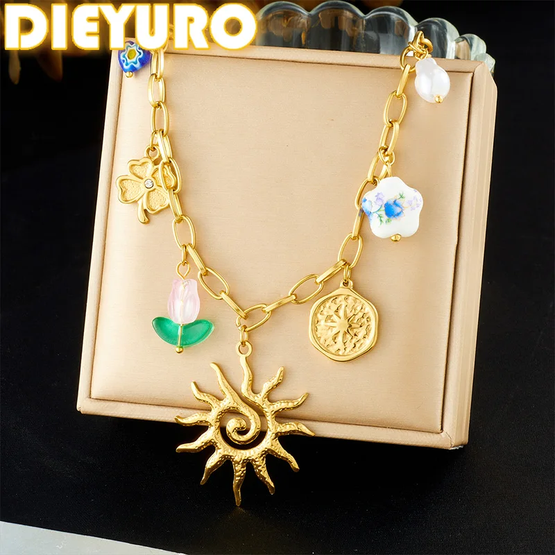 DIEYURO 316L Stainless Steel Golden Sun Totem Crystal Flower Pearl Pendant Necklace Women New Waterproof Neck Chain Jewelry
DIEYURO 316L Stainless Steel Golden Sun Totem Crystal Flower Pearl Pendant Necklace Women New Waterproof Neck Chain Jewelry