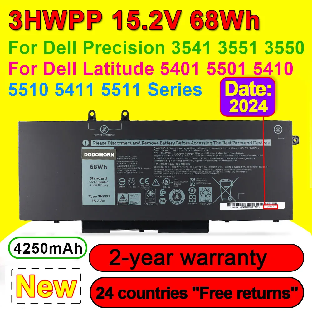 Новый аккумулятор 3hwpp 10X1J N2NLL для ноутбука Dell Latitude 5501 5401 5511 5510 5411 5410 3541 Precision 3551 3550, 15,2 в, 68 ватт-час, 4250 мАч
Новый аккумулятор 3hwpp 10X1J N2NLL для ноутбука Dell Latitude 5501 5401 5511 5510 5411 5410 3541 Precision 3551 3550, 15,2 в, 68 ватт-час, 4250 мАч
