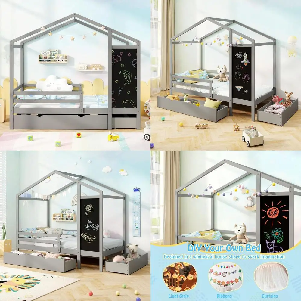 Twin Size Solid Wood Bed with Storage Drawers, Chalkboard, and Safety Rails - Grey for Kids
Twin Size Solid Wood Bed with Storage Drawers, Chalkboard, and Safety Rails - Grey for Kids