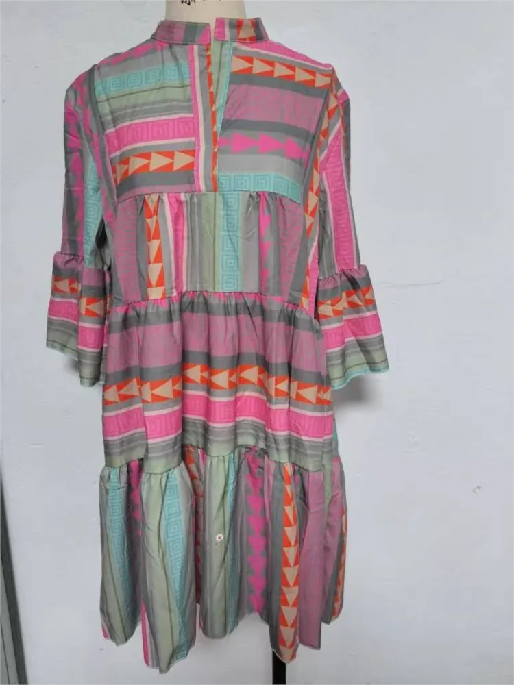 Summer New Printed Standing Collar Seven Sleeve Dress Fashion Casual Loose Pink Striped Knee Length Dresses Females
Summer New Printed Standing Collar Seven Sleeve Dress Fashion Casual Loose Pink Striped Knee Length Dresses Females
