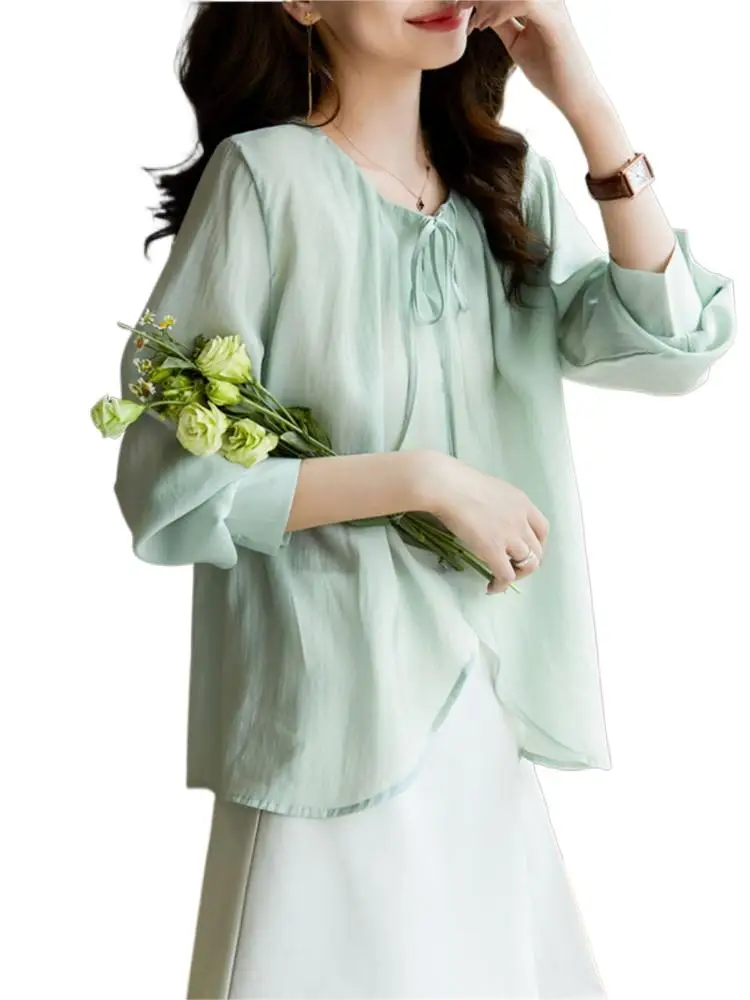 Summer Women's Top Rayon O-Neck Lace up Long Sleeve Tops 2024 New Casual Vintage Elegant Solid Color Shirt Sunscreen Shirt
Summer Women's Top Rayon O-Neck Lace up Long Sleeve Tops 2024 New Casual Vintage Elegant Solid Color Shirt Sunscreen Shirt