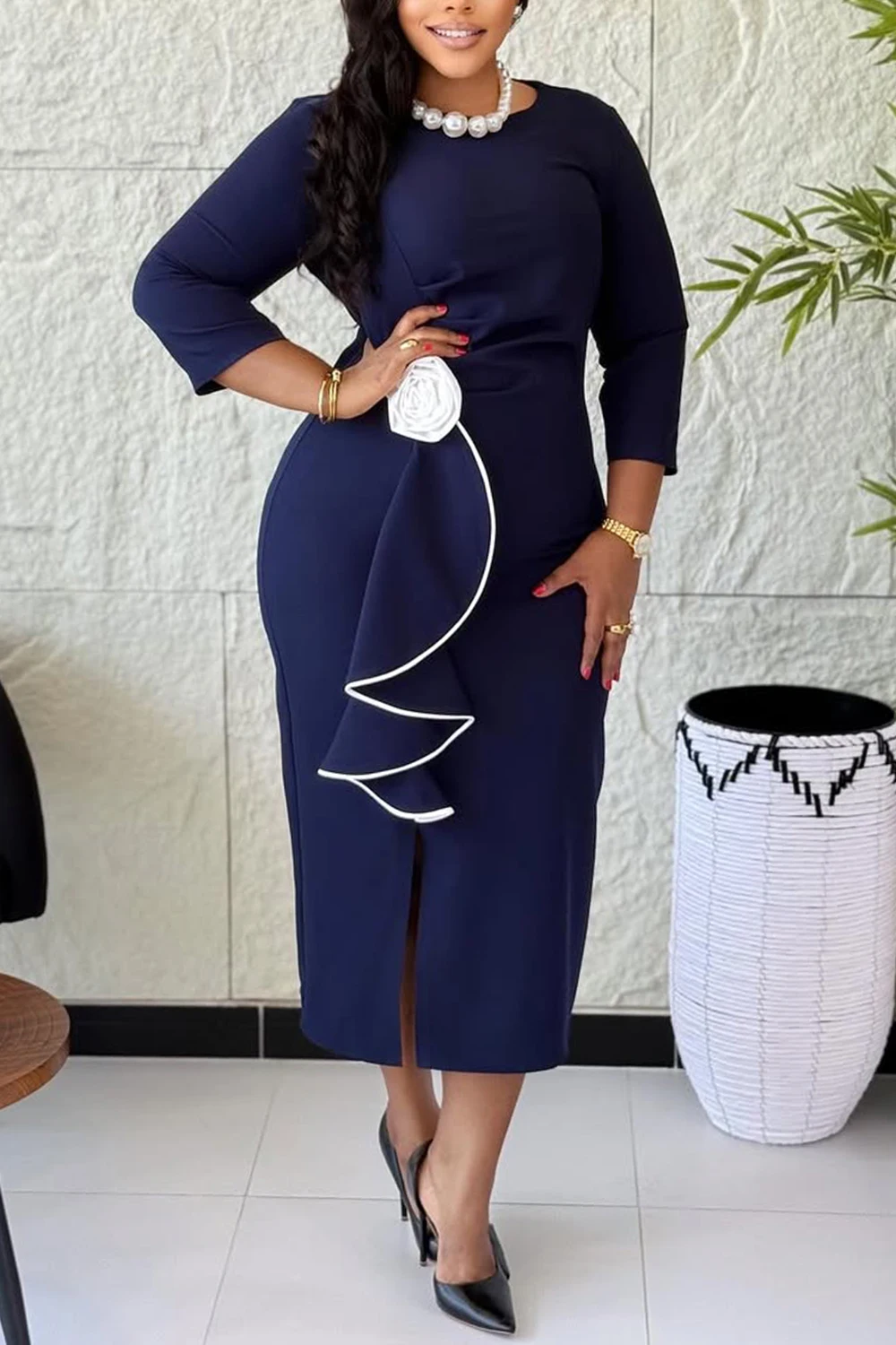 Plus Size Churchs Navy Blue Round Neck 3/4 Sleeve 3D Elegant Ruffle Midi Dresses
Plus Size Churchs Navy Blue Round Neck 3/4 Sleeve 3D Elegant Ruffle Midi Dresses