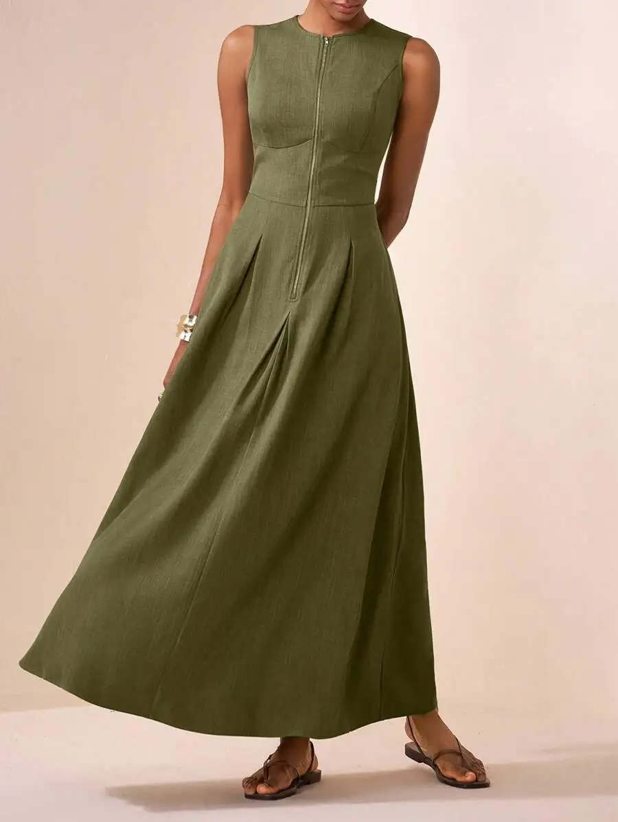 Olive Green Sleeveless Maxi Dress, Round Neck, Front Half-Zip, Pleated A-Line Flowy Skirt, Elegant Casual For Daily, Travel,
Olive Green Sleeveless Maxi Dress, Round Neck, Front Half-Zip, Pleated A-Line Flowy Skirt, Elegant Casual For Daily, Travel,