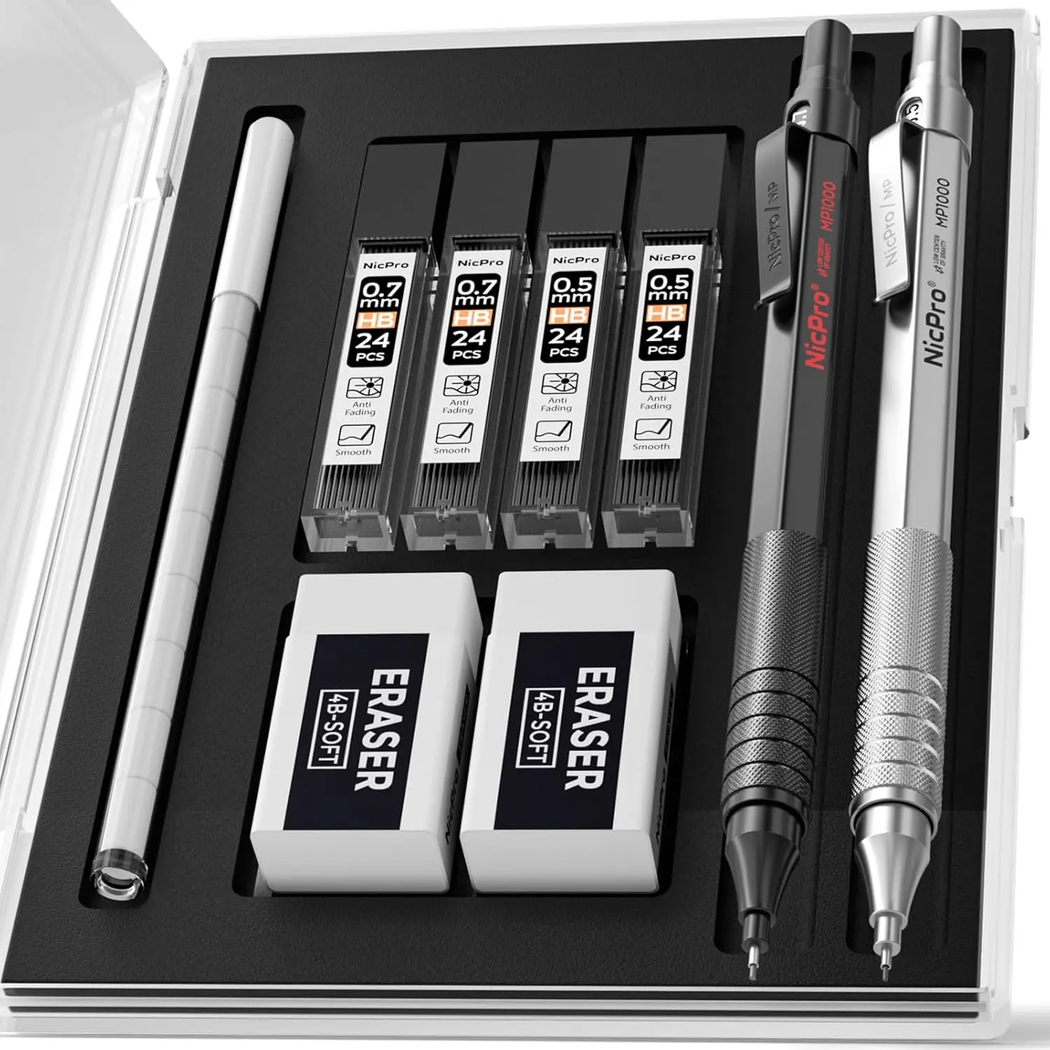 2-Piece Metal Mechanical Pencil Set with Case, 0.5mm & 0.7mm, Includes Lead Refills and Erasers for Art and Writing
2-Piece Metal Mechanical Pencil Set with Case, 0.5mm & 0.7mm, Includes Lead Refills and Erasers for Art and Writing
