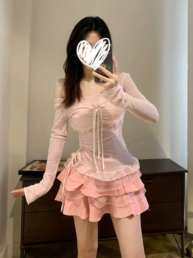 Sweet Girl Slim Bow Short Skirt Suit Women Design Elegant New Lace Off Shoulder Long Sleeve Set Pink Chic Pink Skinny Suit 2025
Sweet Girl Slim Bow Short Skirt Suit Women Design Elegant New Lace Off Shoulder Long Sleeve Set Pink Chic Pink Skinny Suit 2025