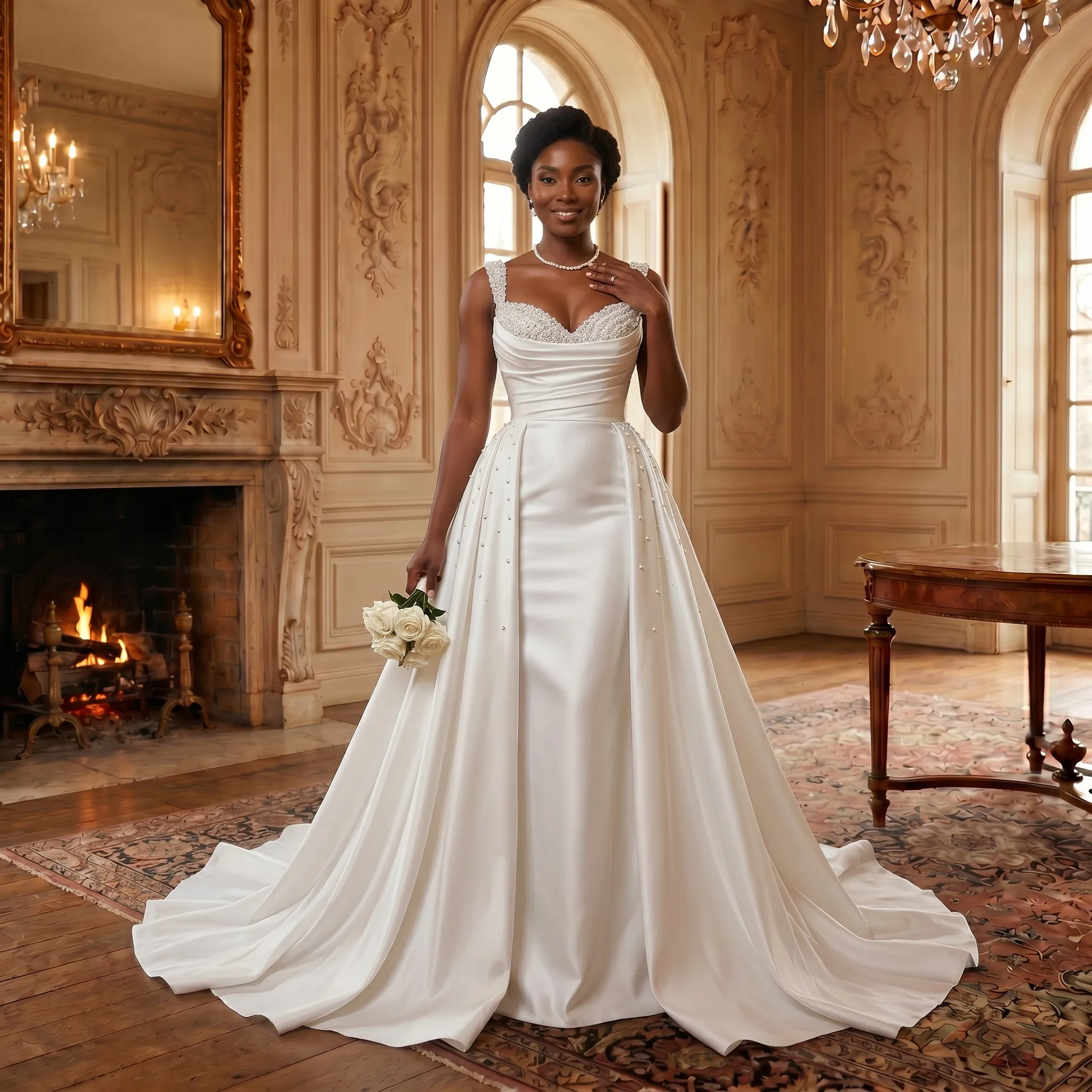 Beaded Sweetheart Satin A-Line Wedding Dress Detachable Overskirt Bridal Gown with Chapel Train
Beaded Sweetheart Satin A-Line Wedding Dress Detachable Overskirt Bridal Gown with Chapel Train
