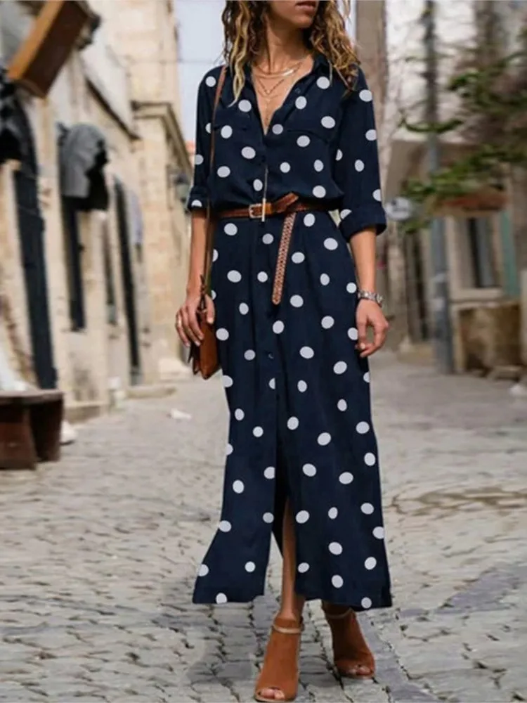Womens Dresses Lapel V-Neck Long Sleeve Button Dot Print Maxi Shirt Dress Female Elegant Casual Office Lady Dresses Spring
Womens Dresses Lapel V-Neck Long Sleeve Button Dot Print Maxi Shirt Dress Female Elegant Casual Office Lady Dresses Spring