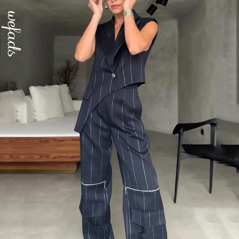 Wefads 2 Piece Set Women Fashion Casual Striped Print Sleeveless Lapel V Neck Single Button Irregular Top Loose Cargo Pants Sets
Wefads 2 Piece Set Women Fashion Casual Striped Print Sleeveless Lapel V Neck Single Button Irregular Top Loose Cargo Pants Sets