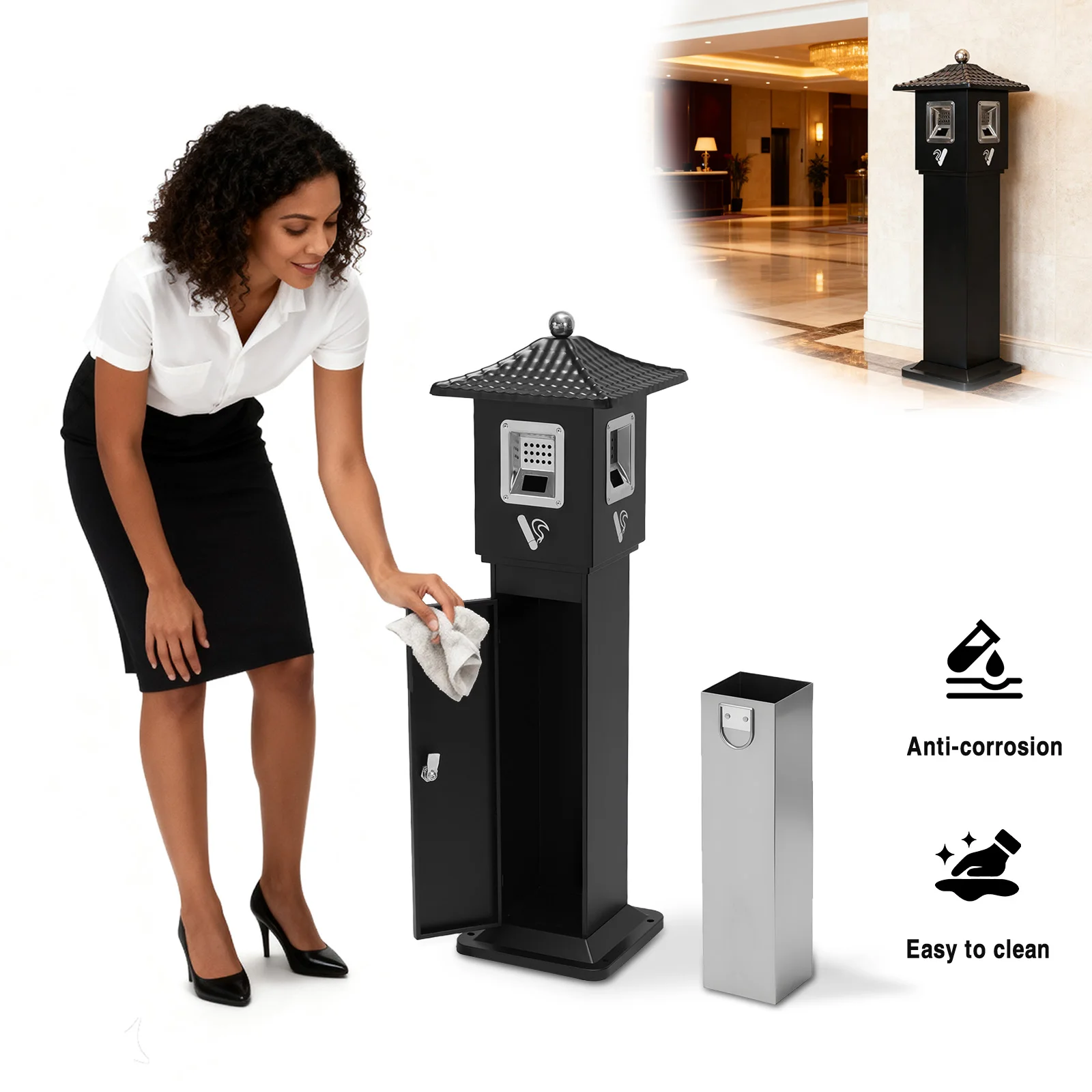 Standing Cigarette Butt Disposal W/Lock Commercial Trash Receptacle with Inner Bucket for Patio Shopping Center Office and Hotel
Standing Cigarette Butt Disposal W/Lock Commercial Trash Receptacle with Inner Bucket for Patio Shopping Center Office and Hotel