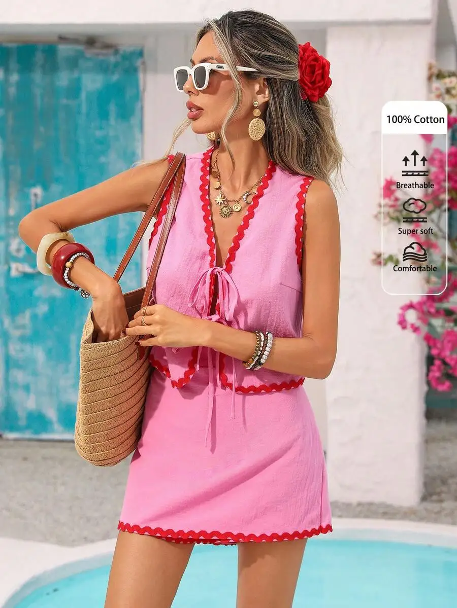 Womens Pink Tie-Front Two Piece Set Beach Vacation Outfit Summer Casual Skirt And Top
Womens Pink Tie-Front Two Piece Set Beach Vacation Outfit Summer Casual Skirt And Top