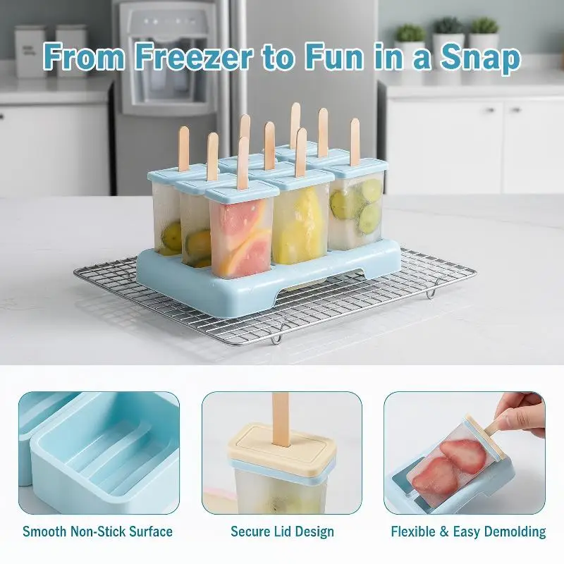 Popsicle Molds Reusable BPA-Free Plastic Ice Maker Set with 50 Wooden Sticks for Home Summer DIY Treats
Popsicle Molds Reusable BPA-Free Plastic Ice Maker Set with 50 Wooden Sticks for Home Summer DIY Treats