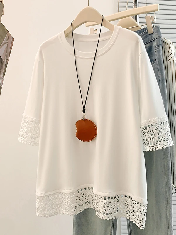Artistic Pure Color Lace Splicing Short Sleeve round Neck Casual Top Large Size Women's T-shirt Village Color Summer Leisurewear
Artistic Pure Color Lace Splicing Short Sleeve round Neck Casual Top Large Size Women's T-shirt Village Color Summer Leisurewear