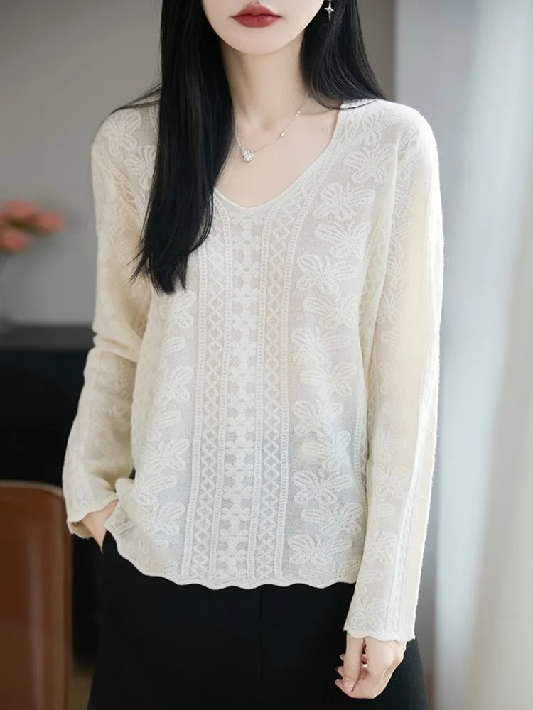 Elegant V-neck Lace Knitted Long Sleeve Women's Top Soft Texture Spring 2026 New Arrival Lazy Style Base Shirt Pattern
Elegant V-neck Lace Knitted Long Sleeve Women's Top Soft Texture Spring 2026 New Arrival Lazy Style Base Shirt Pattern