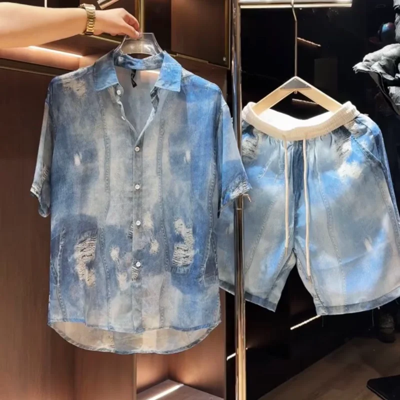 Summer Trendy Brand Loose Imitation Denim Printed Shirt Suit Men's Light Luxury Retro Lazy Style Thin Shorts Two-piece Set
Summer Trendy Brand Loose Imitation Denim Printed Shirt Suit Men's Light Luxury Retro Lazy Style Thin Shorts Two-piece Set