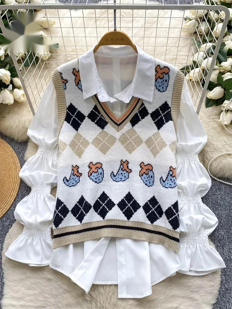 Autumn Argyle Knitting Tops Puff Sleeves Lapel Blouse+V Neck Sleeveless Sweater Pullover Ladies Chic Casual 2Pcs Sets
Autumn Argyle Knitting Tops Puff Sleeves Lapel Blouse+V Neck Sleeveless Sweater Pullover Ladies Chic Casual 2Pcs Sets