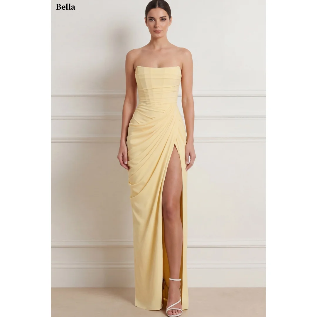 Bella Customized Yellow Strapless Chiffon Prom Dress Elegant Sheath vestidos de noche Ruched Slit Floor Length Formal Evening
Bella Customized Yellow Strapless Chiffon Prom Dress Elegant Sheath vestidos de noche Ruched Slit Floor Length Formal Evening