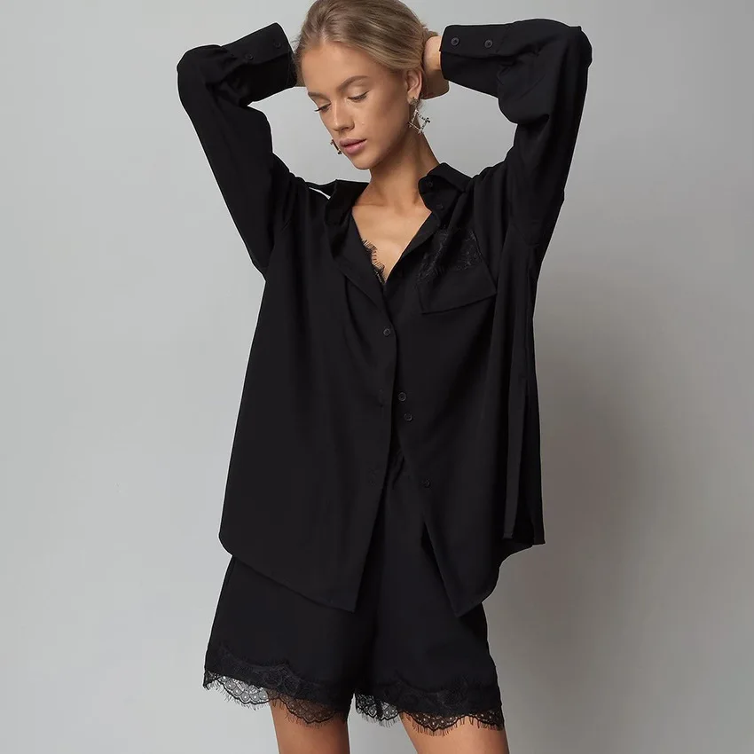 Comfortable Black Chiffon Long-sleeved Shorts Lace-trimmed Pajamas Two-piece Loungewear Women's
Comfortable Black Chiffon Long-sleeved Shorts Lace-trimmed Pajamas Two-piece Loungewear Women's