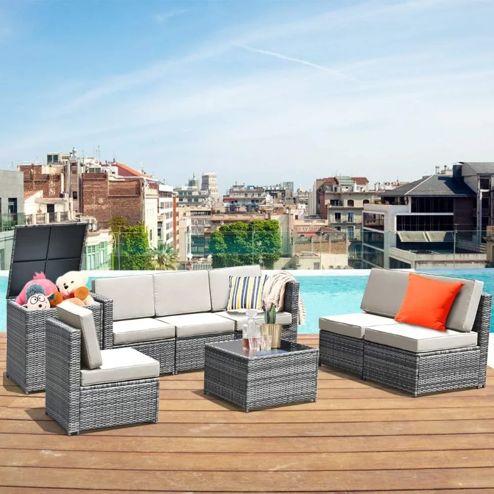 8-Pieces Patio Furniture Set Outdoor Rattan Conversation Set with Storage Box Sectional Wicker Sofa Set with Coffee Table
