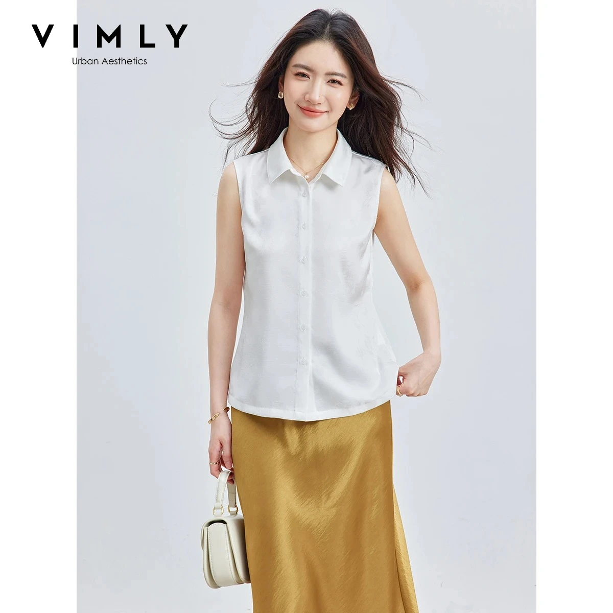 VIMLY White Elegant Commuter Satin Jacquard Sleeveless Women's Shirt 2026 Summer Lapel Collar Straight Casual Blouse A6632
VIMLY White Elegant Commuter Satin Jacquard Sleeveless Women's Shirt 2026 Summer Lapel Collar Straight Casual Blouse A6632