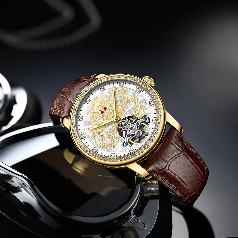 AILANG Men's Gold Dragon Automatic Mechanical Watch Waterproof Skeleton Leather Wristwatch Luxury Skeleton Tourbillon Men Watch
AILANG Men's Gold Dragon Automatic Mechanical Watch Waterproof Skeleton Leather Wristwatch Luxury Skeleton Tourbillon Men Watch