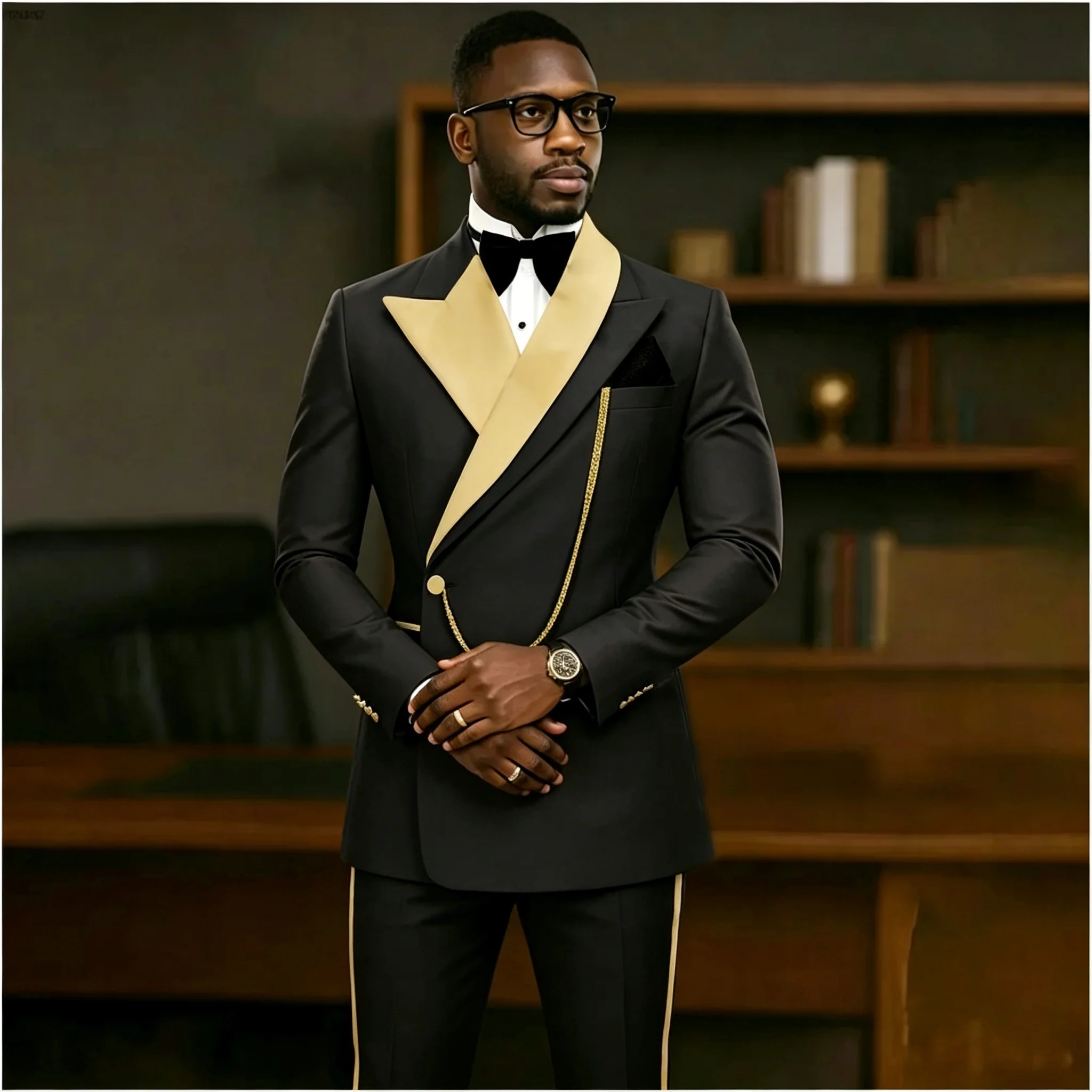 Fashion Black Men Suits Double Breasted Costume Homme Gold Peaked Lapel Jacket Pant Formal Suits For Wedding Groom Tuxedos
Fashion Black Men Suits Double Breasted Costume Homme Gold Peaked Lapel Jacket Pant Formal Suits For Wedding Groom Tuxedos