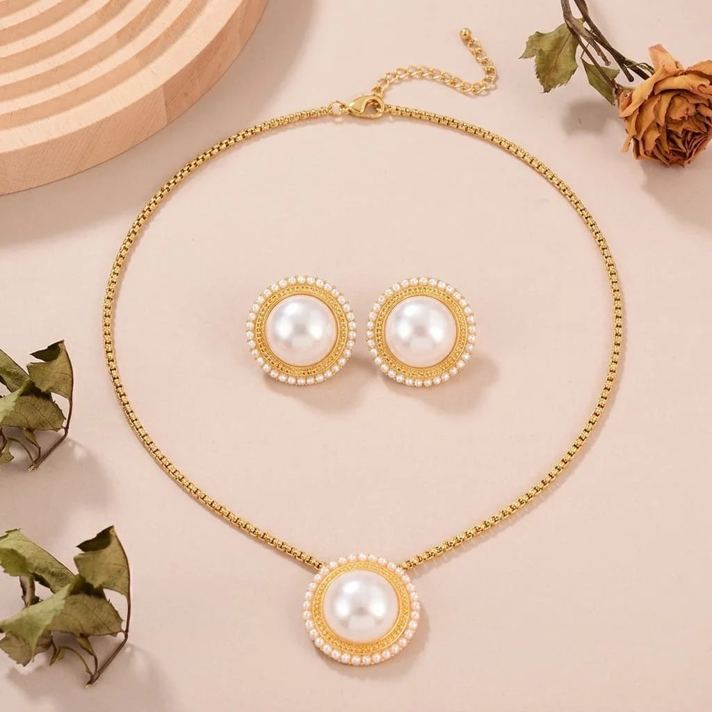 French Retro Gold Pearl Jewelry Set for Women Round Pendant Necklace Stud Earrings Set Elegant Wedding Bridal Jewelry
French Retro Gold Pearl Jewelry Set for Women Round Pendant Necklace Stud Earrings Set Elegant Wedding Bridal Jewelry