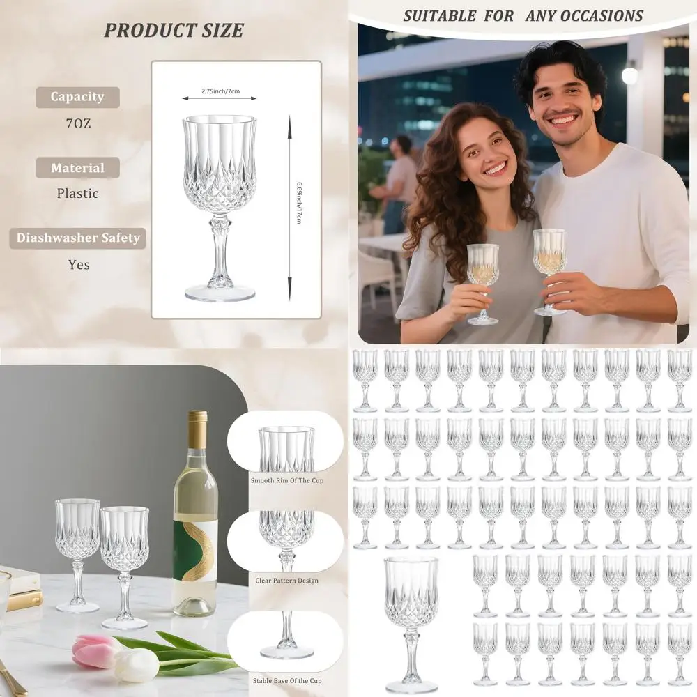 Set of 48 7oz Clear Plastic Wine Glasses, Unbreakable Stemless Champagne Flutes, Ideal for Weddings and Events
Set of 48 7oz Clear Plastic Wine Glasses, Unbreakable Stemless Champagne Flutes, Ideal for Weddings and Events